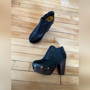 Flogg leather wooden bottoms heeded studded booties